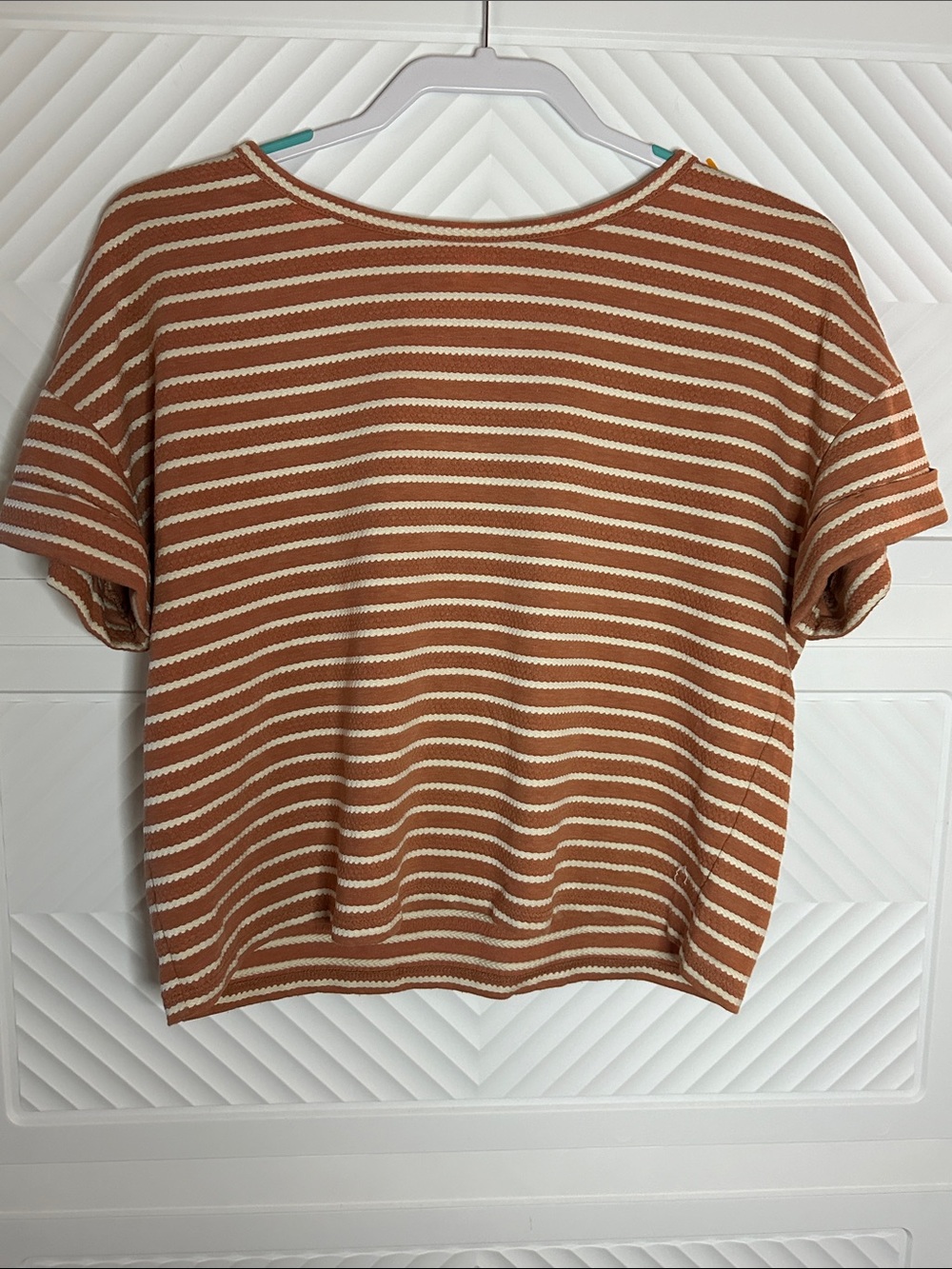 LOFT Rust and Cream Striped Cropped Tee
